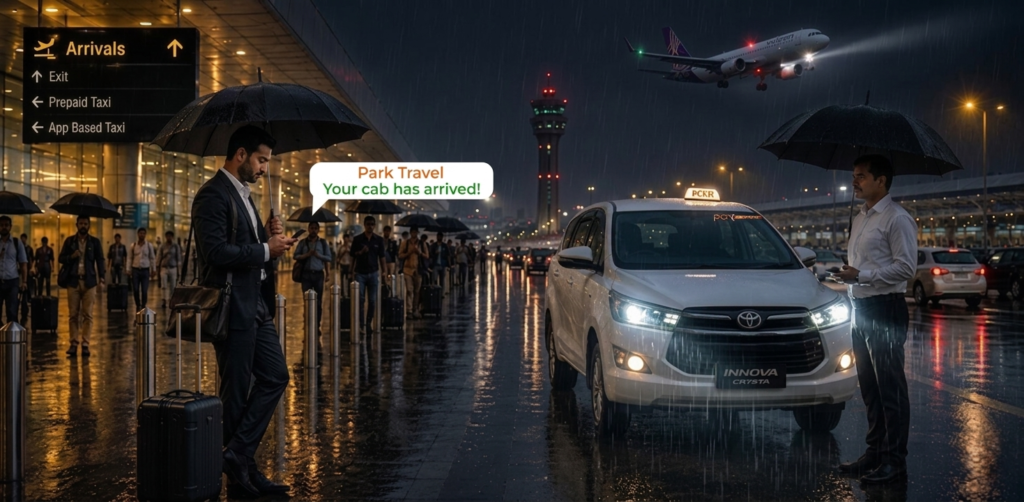 A pre-booked airport cab waiting for a passenger outside the arrivals gate during a rainy night